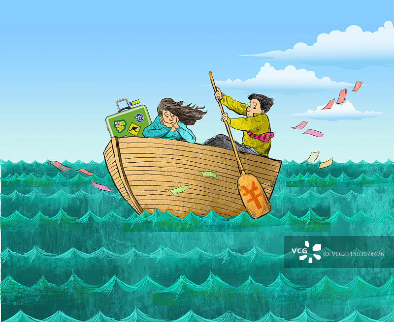 逃离移民，两个人划船离开大城市图片素材
