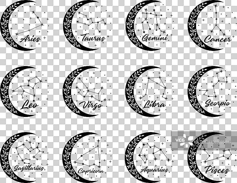 十二星座图标与黑色花卉图片素材