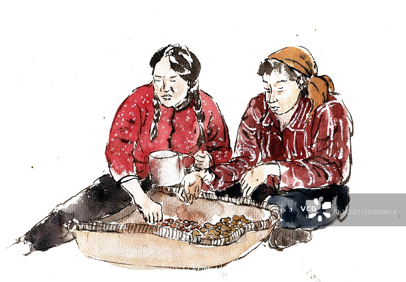 炕上剥花生图片素材