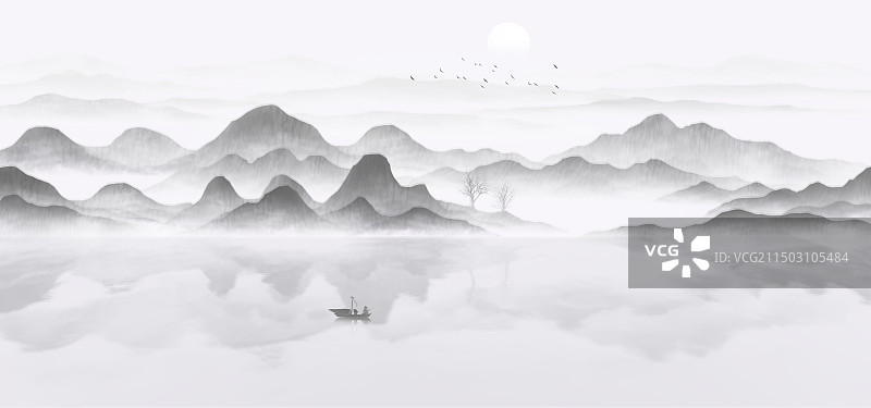 蓝色山水画背景插画图片素材