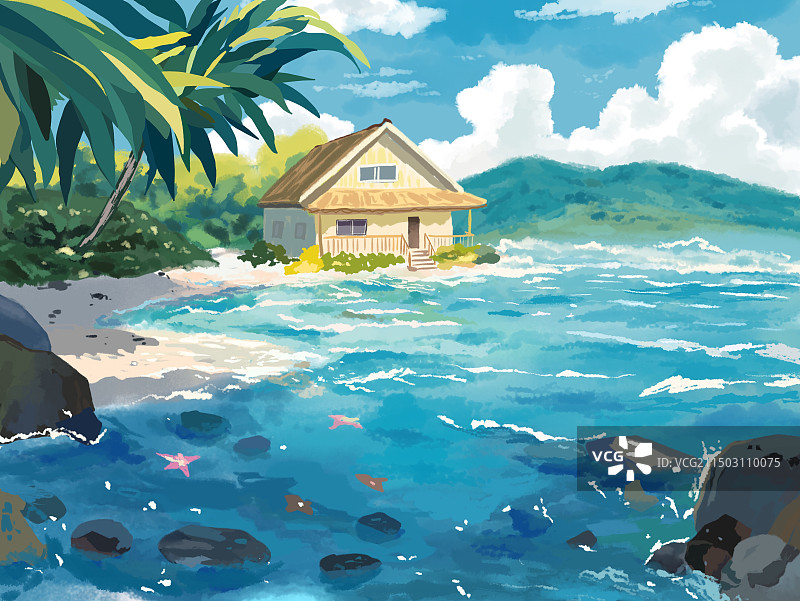 清新治愈大海沙滩小镇夏威夷手绘水彩插画背景壁纸封面内页图片素材