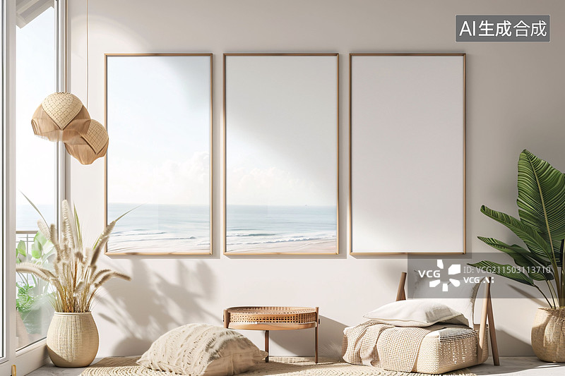 【AI数字艺术】现代简约室内墙壁海报装饰画空白框架模型图片素材