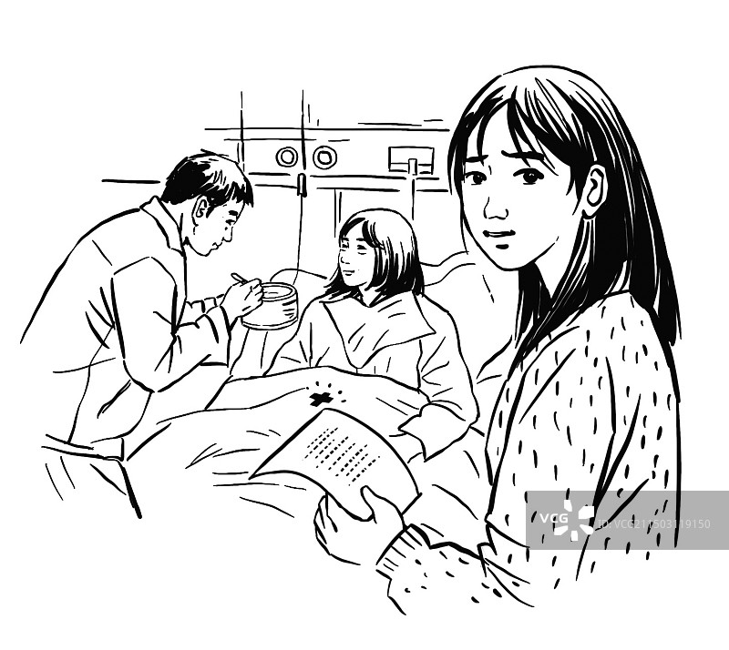 黑白线描速写插画文学插图医院护士护理病人病房看护照顾病人医患关系生病女孩爱心手术家属图片素材
