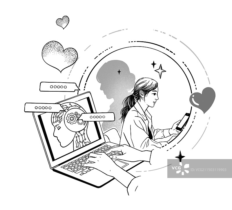 黑白线描速写插画人工智能去世亲人说话哀思基因AI时代死亡选择电子电脑对话未来世界科技图片素材