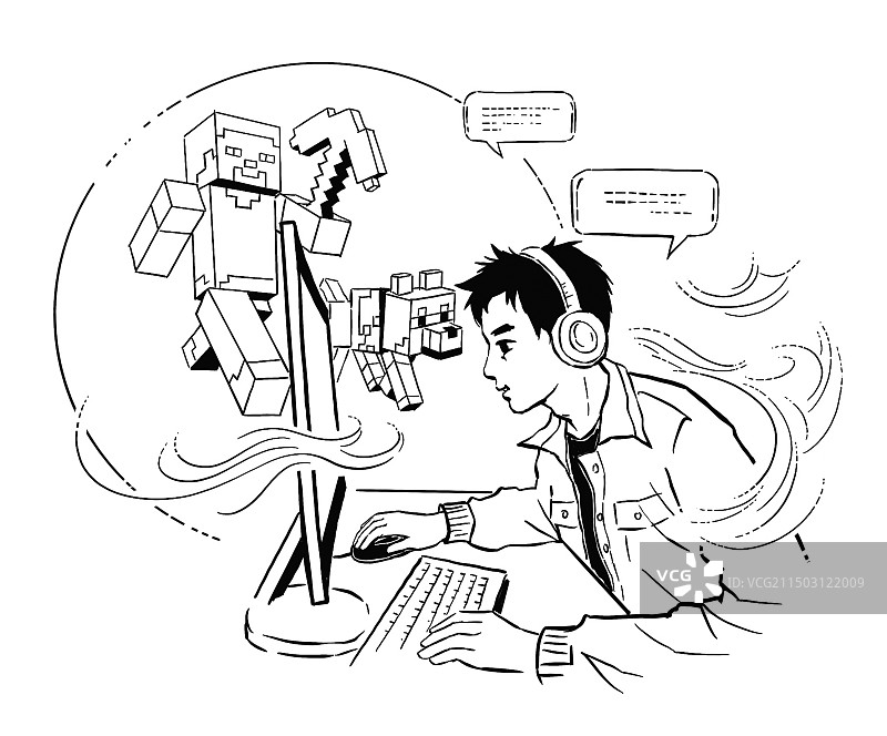 黑白线描速写插画插图男生学生大学生年轻人电脑游戏大世界沉迷校园教育社会图片素材
