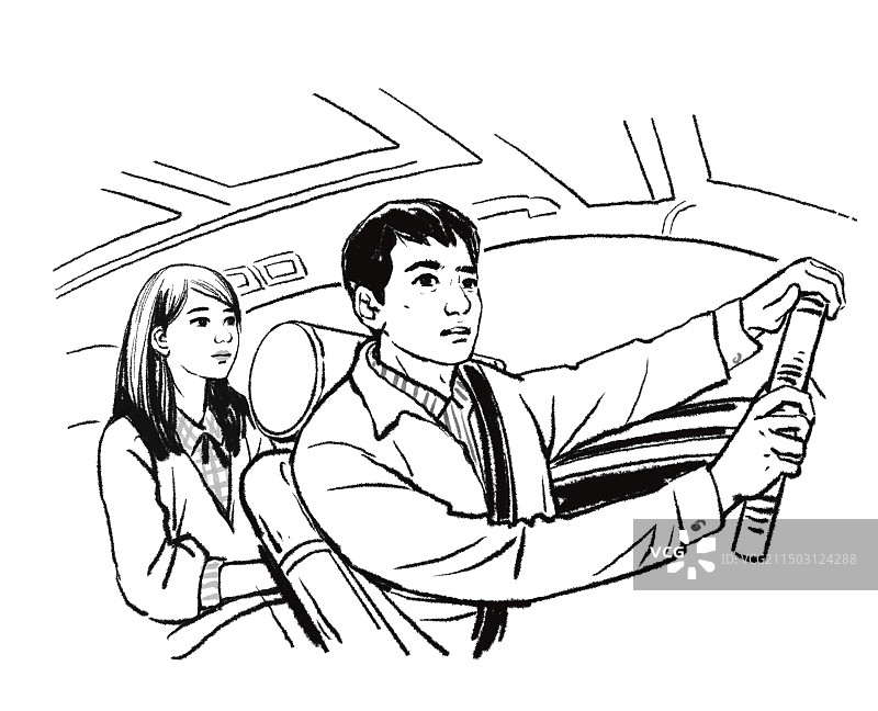 黑白线描速写插画插图开车事故争吵司机开车男人女人口角交警教育说服社会道路安全法保险图片素材