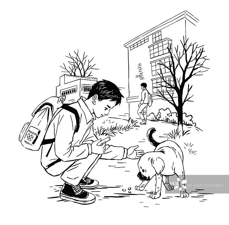 黑白线描 速写 插画插图 男孩 小狗 爱心 学生 宠物 动物 少年 呵护 关心图片素材
