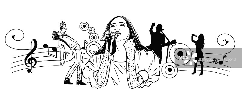 黑白线描速写插画插图演唱会歌唱家女人娱乐乐坛比赛追星音乐图片素材