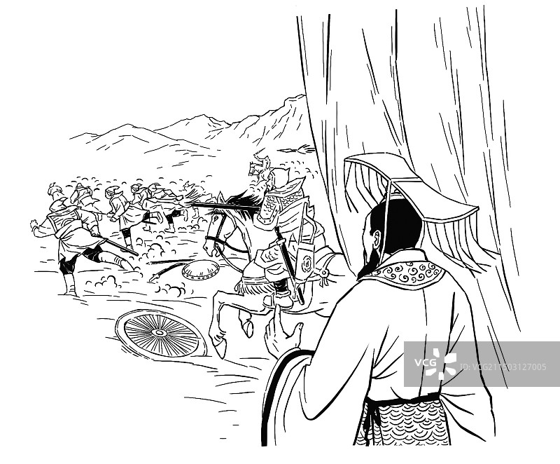 黑白线描速写插画插图古代帝王征战指挥帐篷战场战士士兵冲锋骑兵杀敌帝王图片素材