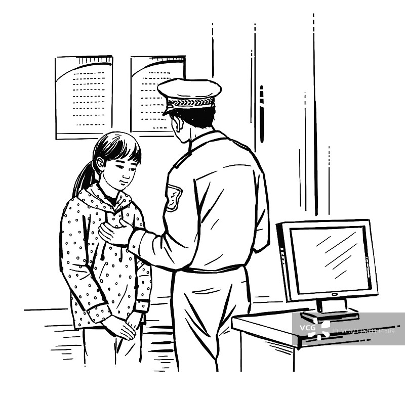 黑白线描速写插画插图干部警察交警教育女孩说话安慰关爱少女图片素材