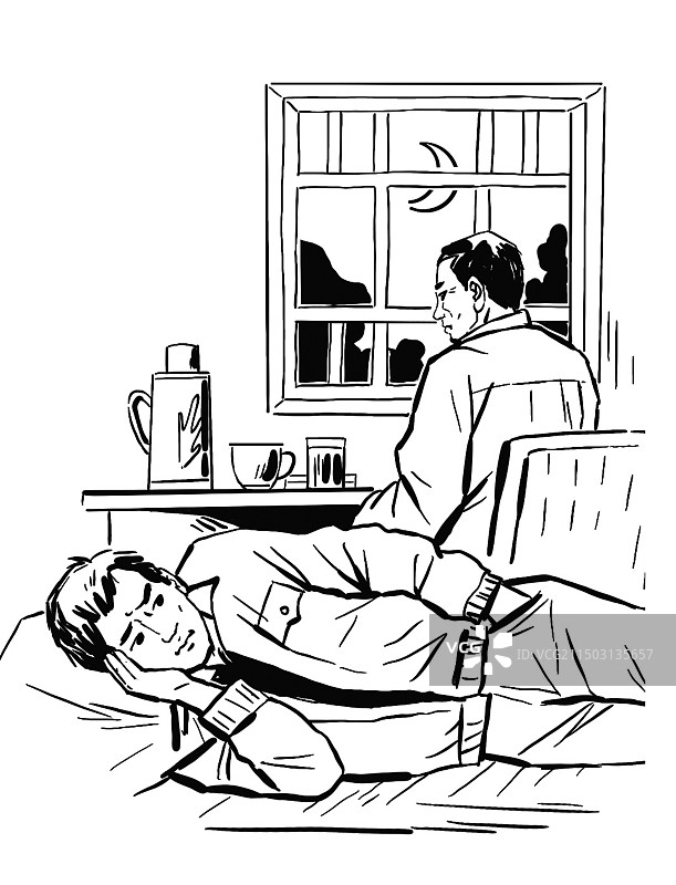 黑白线描速写插画插图乡村干部家访做工作村民讲解化解矛盾开展工作振兴农村男人父与子父亲儿子同事图片素材