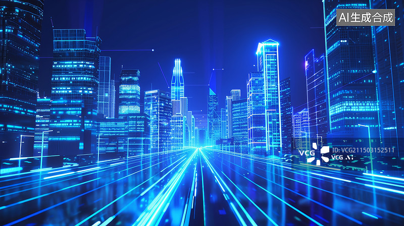 【AI数字艺术】蓝色发光城市和快速路面图片素材