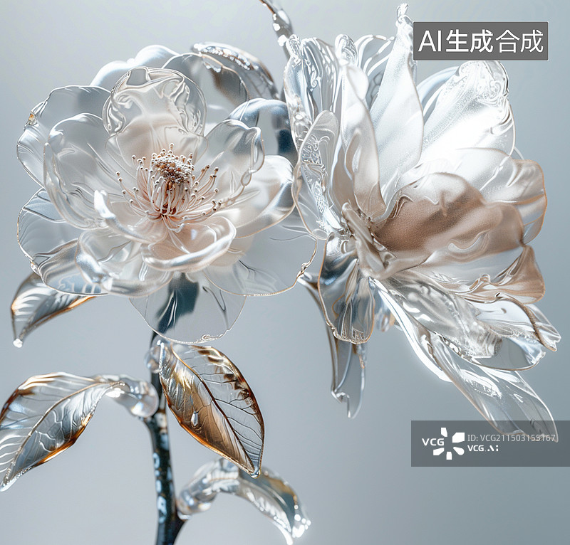 【AI数字艺术】透明玻璃花朵-山茶图片素材