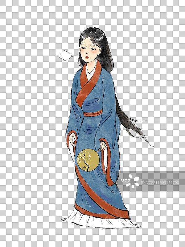 手绘中医九大体质汉服人物形象元素，气虚体质，气短乏力疲惫酸软。图片素材