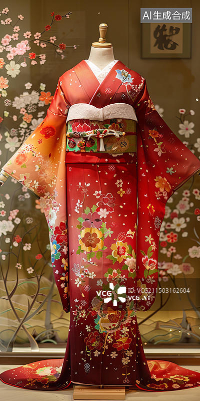 【AI数字艺术】一件红色底樱花图案和服图片素材