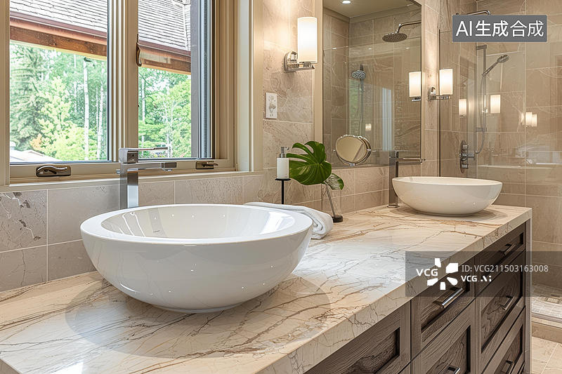【AI数字艺术】卫浴间的大理石台面和陶瓷盥洗盆图片素材