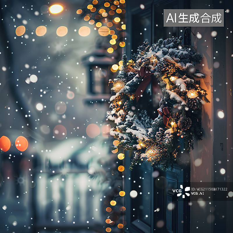 【AI数字艺术】降雪期间照亮的圣诞树特写镜头图片素材