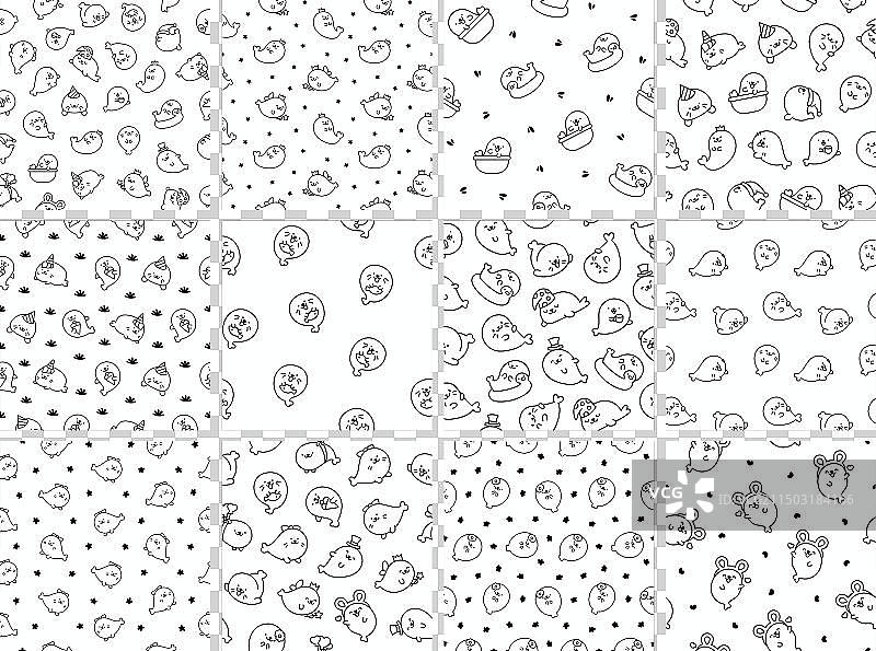 可爱的卡哇伊小海豹无缝着色图案图片素材