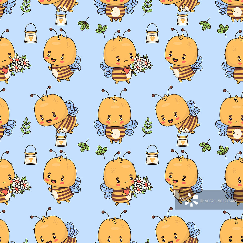 小蜜蜂鲜花可爱卡通无缝图案图片素材