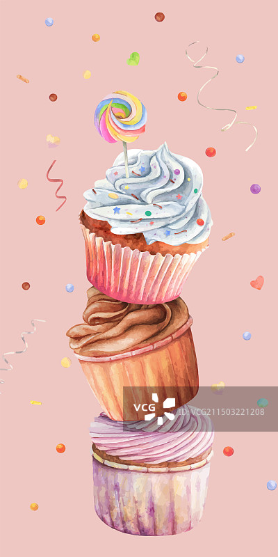 水彩纸杯蛋糕糖果卡片图片素材