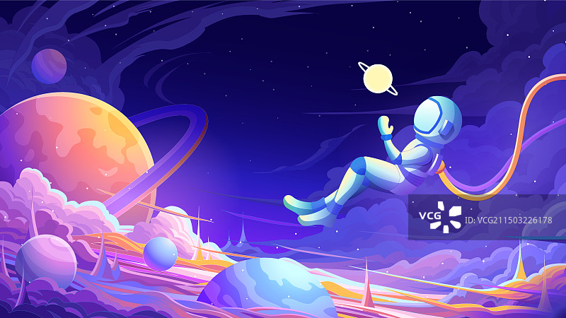 紫色科幻太空中科技行星星球与悬浮的宇航员图片素材