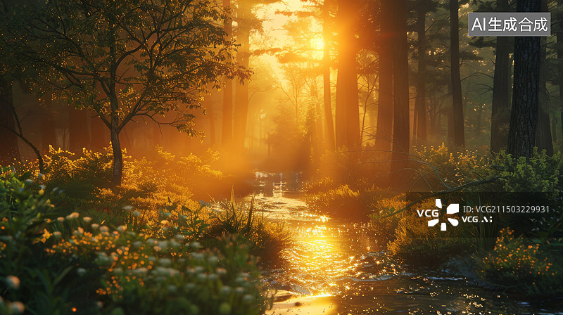 【AI数字艺术】秋天森林里的树木和溪流图片素材