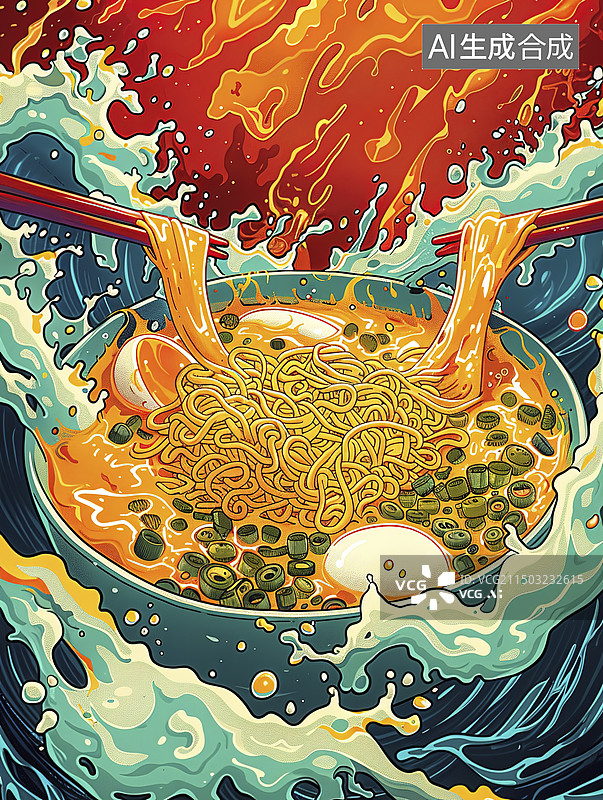 【AI数字艺术】国潮风海浪面条方便面图片素材