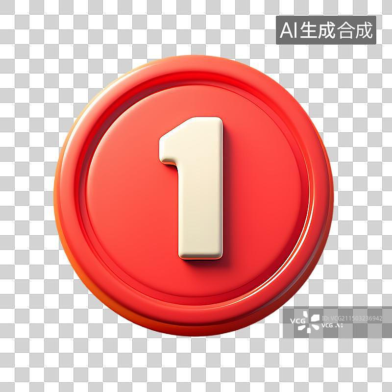 【AI数字艺术】3D渲染标着数字1的红色圆形图标图片素材