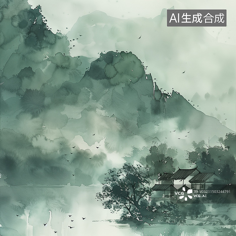 【AI数字艺术】夏天 古风山水画 水墨浅绿色竹林风景画 中国风山水插画自然风景插画 绿色小清新手机壁纸插画图片素材