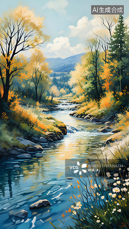 【AI数字艺术】秋天的自然风光和小溪图片素材