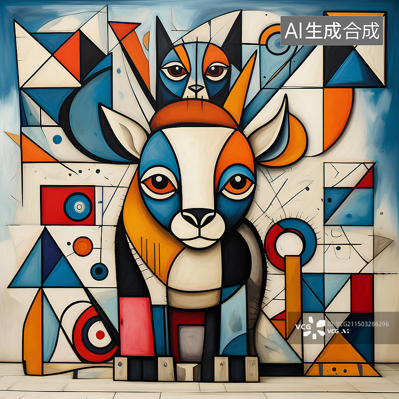 【AI数字艺术】以立体派为灵感，展示具有几何形状的可爱动物。图片素材