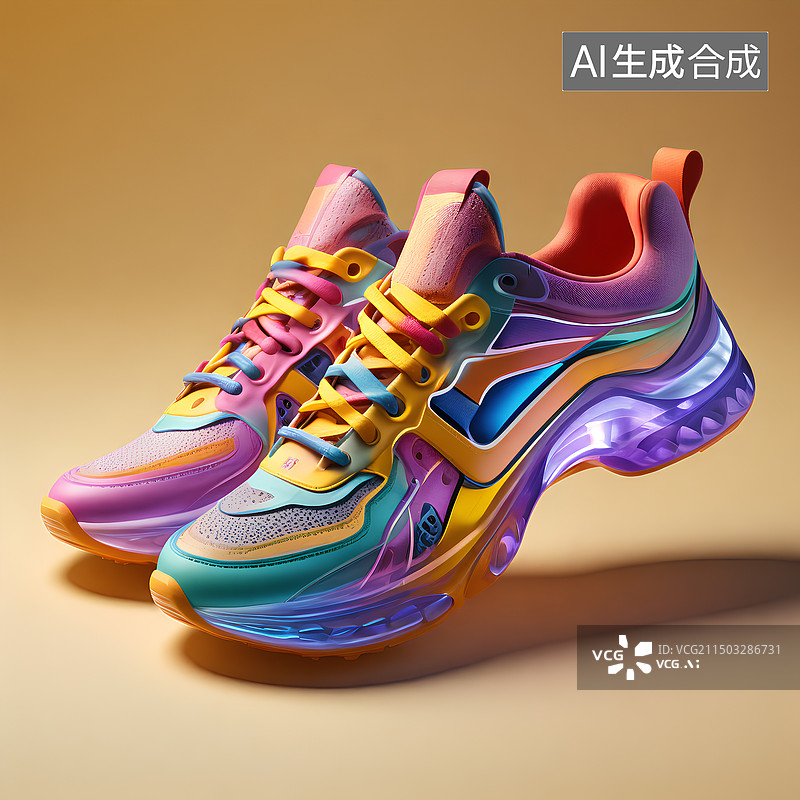 【AI数字艺术】彩色跑鞋，流线造型，透明材质硅胶质感，黄色背景插画。图片素材