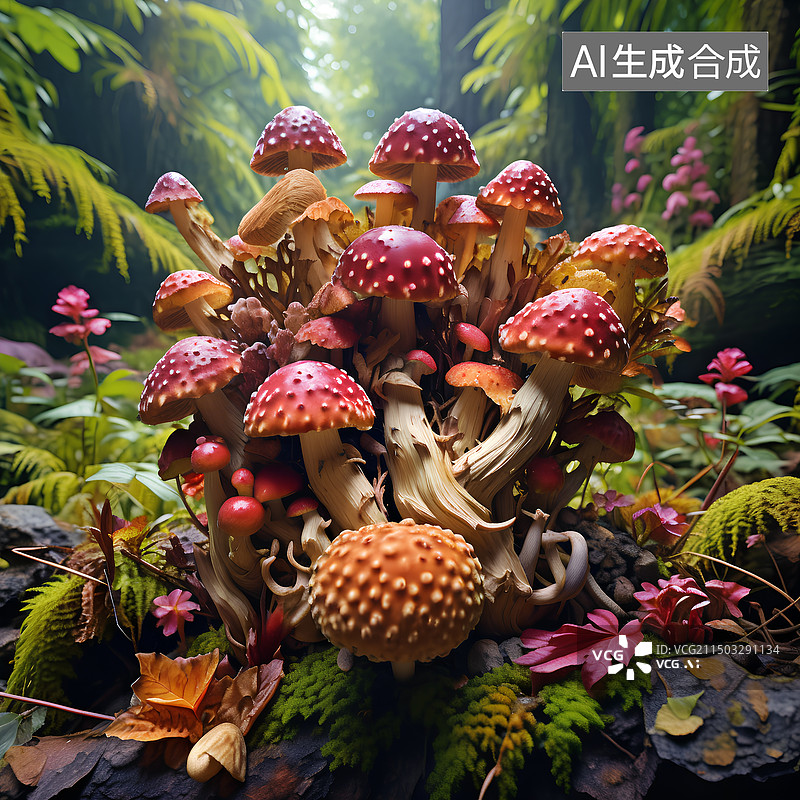 【AI数字艺术】神奇大自然中的云南野生菌，色彩艳丽。图片素材