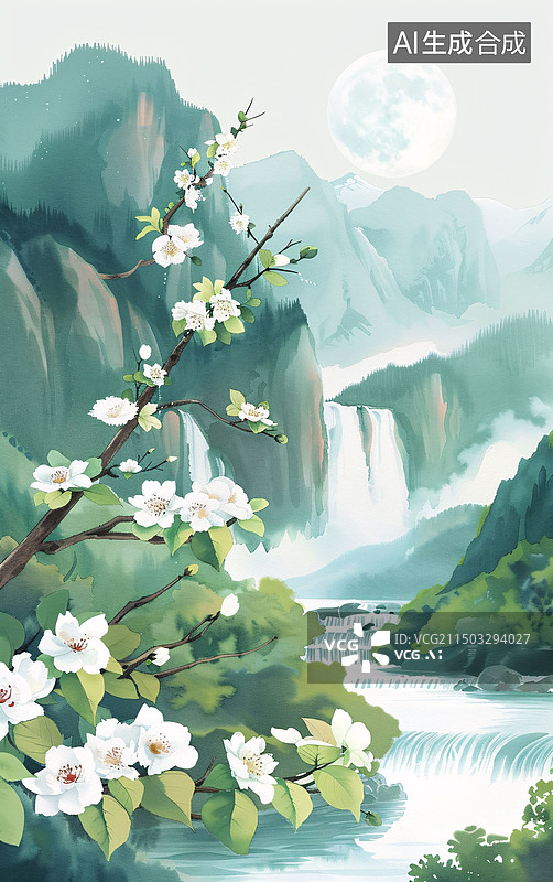 【AI数字艺术】中国风意境水墨山水画中式水墨青山场景插图图片素材