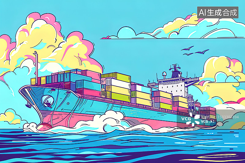 【AI数字艺术】载满货物的轮船行驶的海上插画图片素材