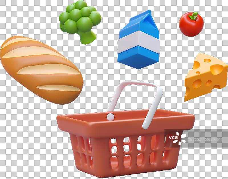 空购物车，有面包、西兰花和纸箱图片素材