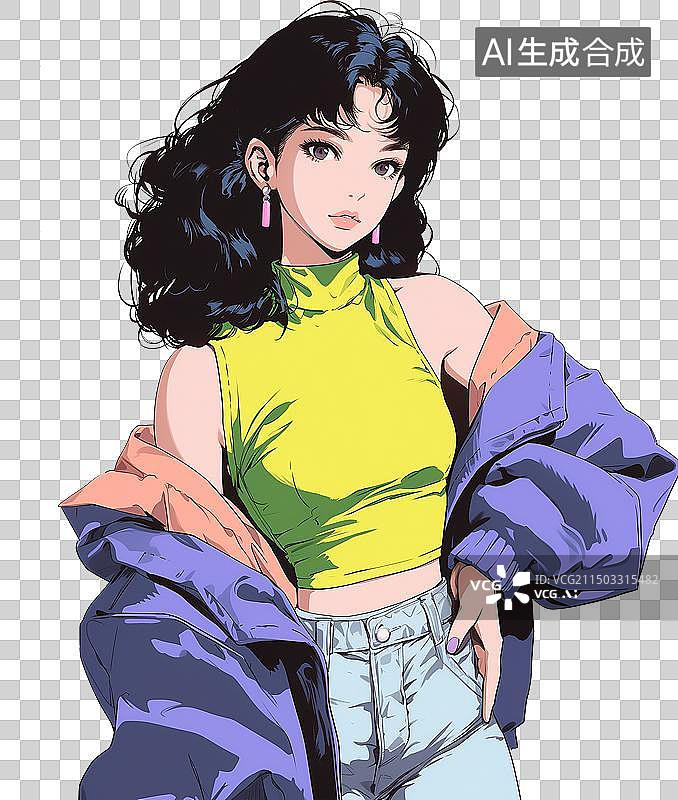 【AI数字艺术】可爱飒姐黑发少女大耳环叉腰复古日漫风时尚插画图片素材