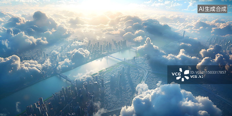 【AI数字艺术】鸟瞰视角 跨江大桥 河 城市 建筑  白昼图片素材