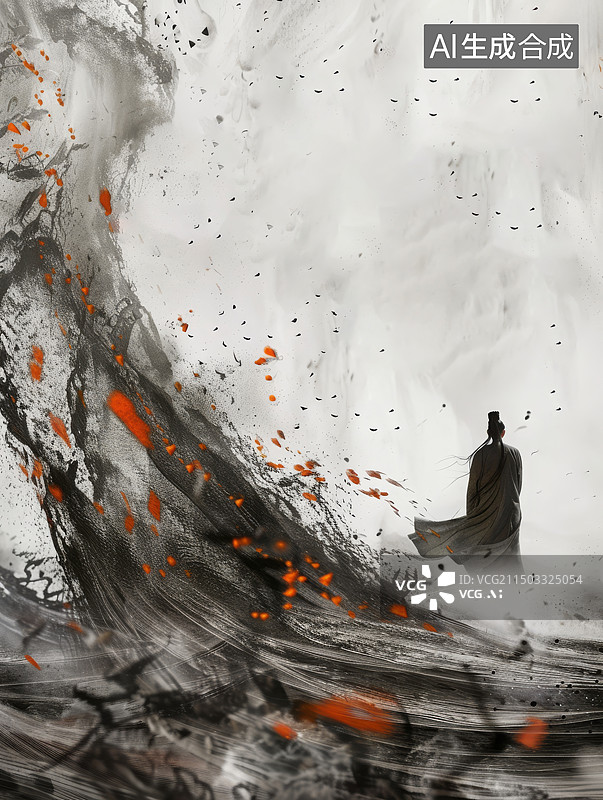 【AI数字艺术】漂浮的卷轴漩涡，中国古代武侠剑客图片素材