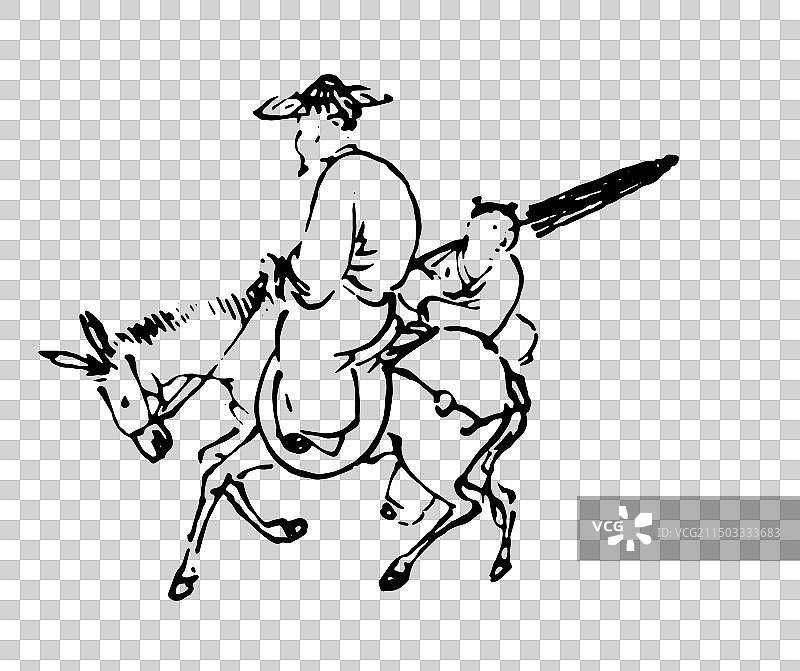 马，毛驴，骡子，驴，线描，黑白，中国风，古典风格，插画，设计，元素。图片素材
