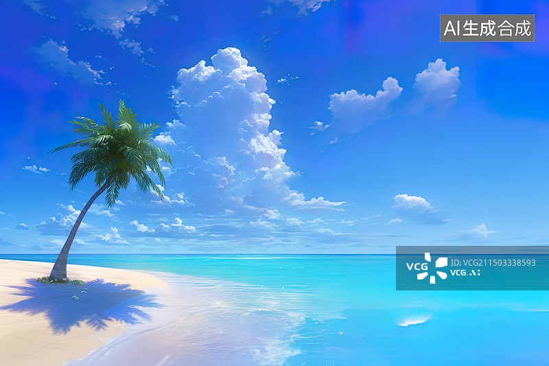 【AI数字艺术】宁静海天之境：孤岛椰树与蔚蓝天空图片素材