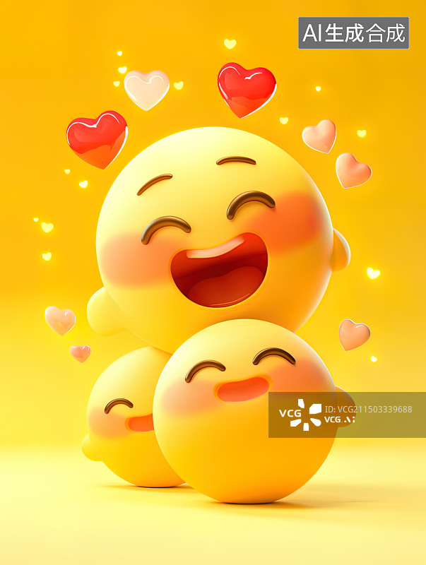 【AI数字艺术】3D小黄人萌表情符号与爱心背景图片素材