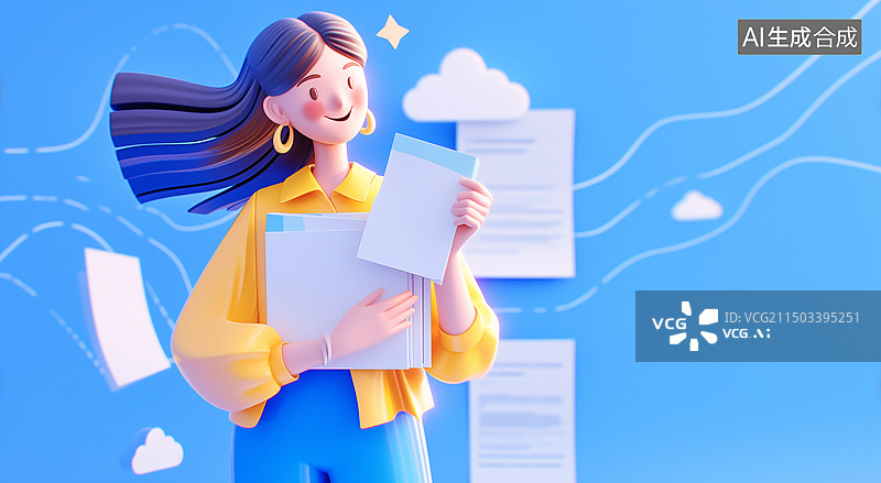【AI数字艺术】一位女性抱着文件资料工作教育培训3D插画图片素材