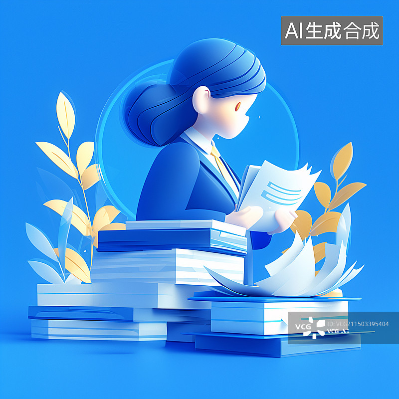 【AI数字艺术】一位女性拿着书本文件备考3D插画图片素材