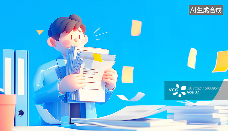 【AI数字艺术】一个男性抱着文件纸张文件夹考研公务员三维插画图片素材