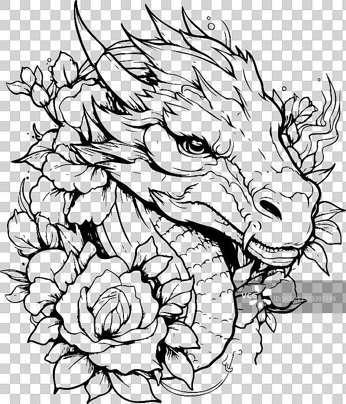 手绘花丛中的龙头素描图片素材