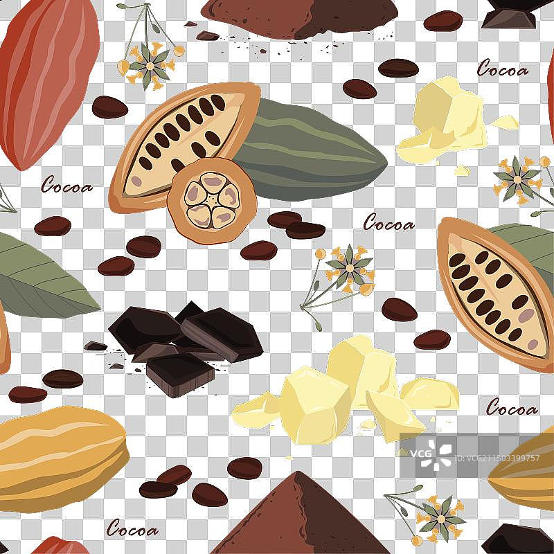 可可豆、花朵、黄油和可可粉图片素材