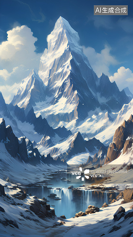 【AI数字艺术】白雪皑皑的群山映衬下的湖景图片素材