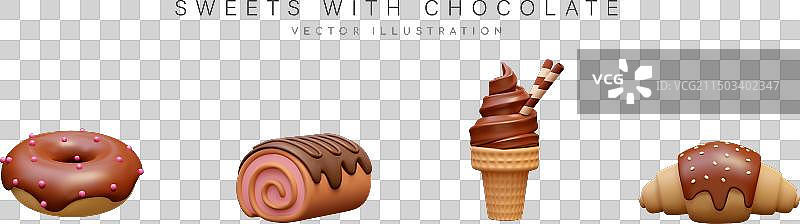 带有巧克力甜甜圈瑞士卷的3D糖果图片素材