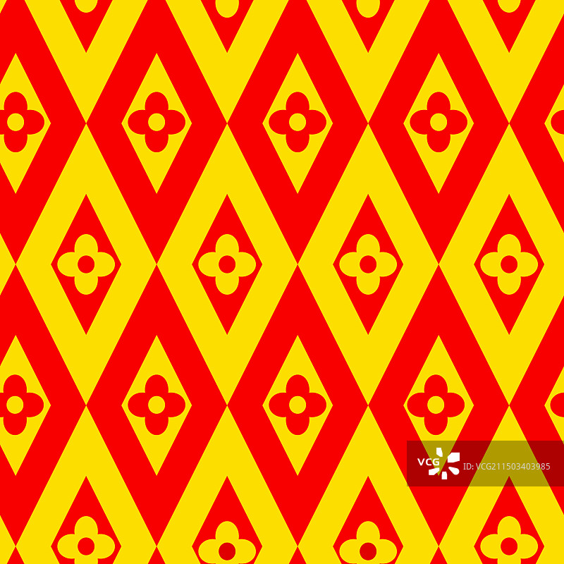 红黄色菱形无缝图案上的花朵图片素材